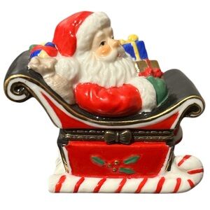 Department 56 Hinged Ceramic Trinket Box Santa Claus Candycane Sleigh Presents